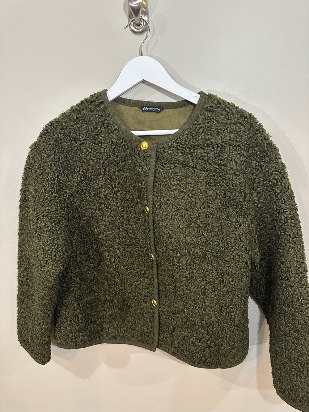 Olive Green Teddy Jacket with Gold Buttons, Size L